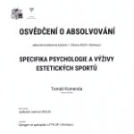 Osvědčení - Specifika psychologie a výživy estetických sportů